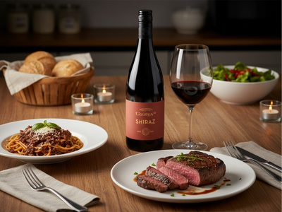 Shiraz Wein neben Essen auf Tisch